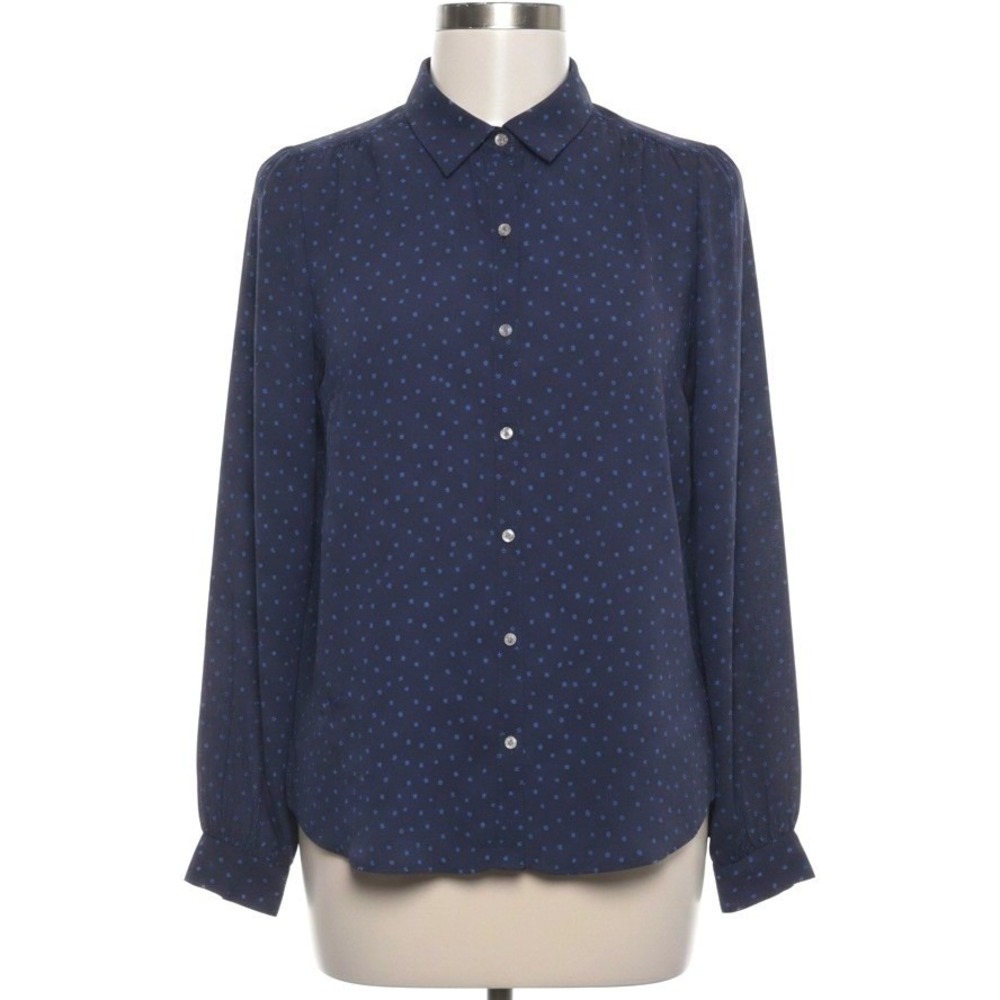 Lands End Navy Blue Polka Dot Long Sleeve Button Down Blouse Workwear Size 10